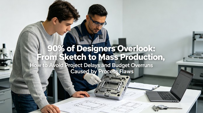 90% of Designers Overlook: From Sketch to Mass Production, How to Avoid Project Delays and Budget Overruns Caused by Process Flaws 1 A hyper-realistic photo of a designer and an engineer collaboratively examining a precision stamped metal part fresh from the die on a workbench, surrounded by original sketches, a laptop, and calipers, with the article title overlaid.